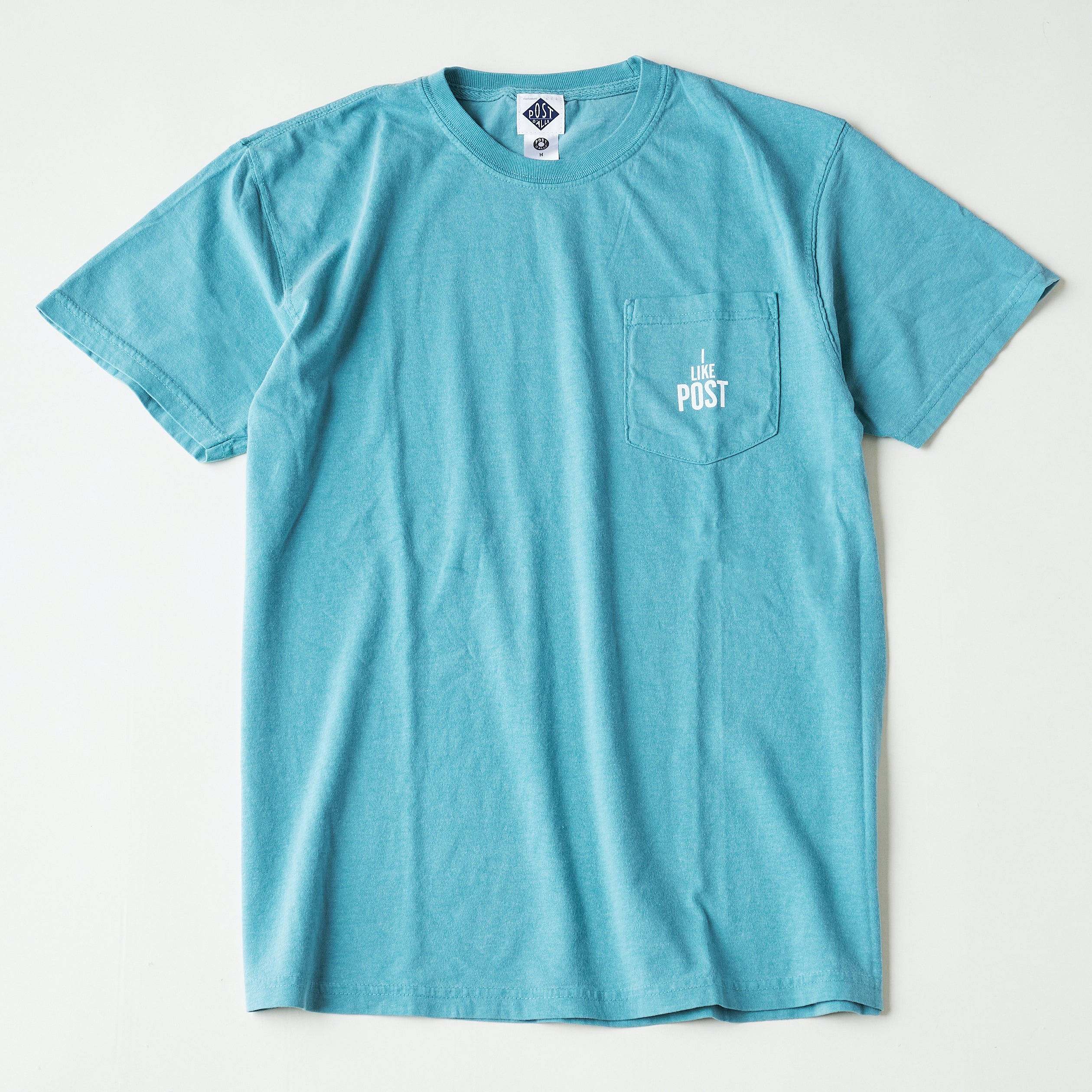 #3004 I like POST pocket Tee : pigment dyed cotton jersey green/white print (Shop Special)