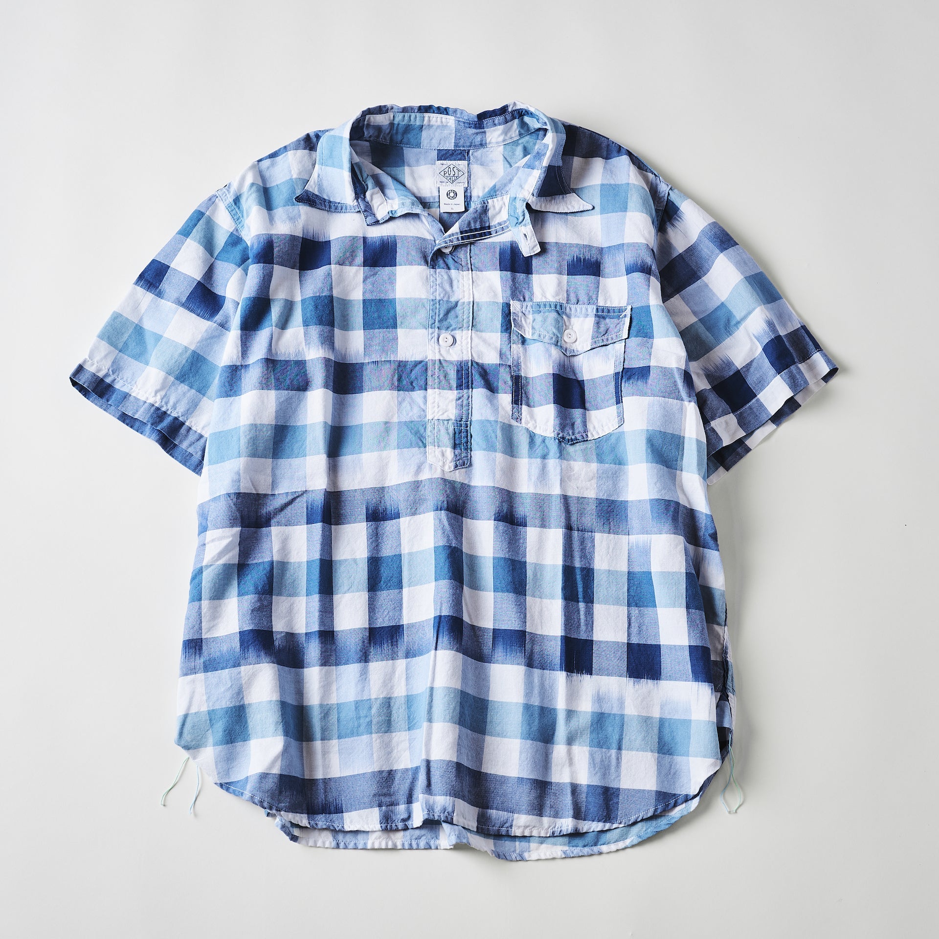#3213S-ICB NAVY CUT S/S : ikat check blue