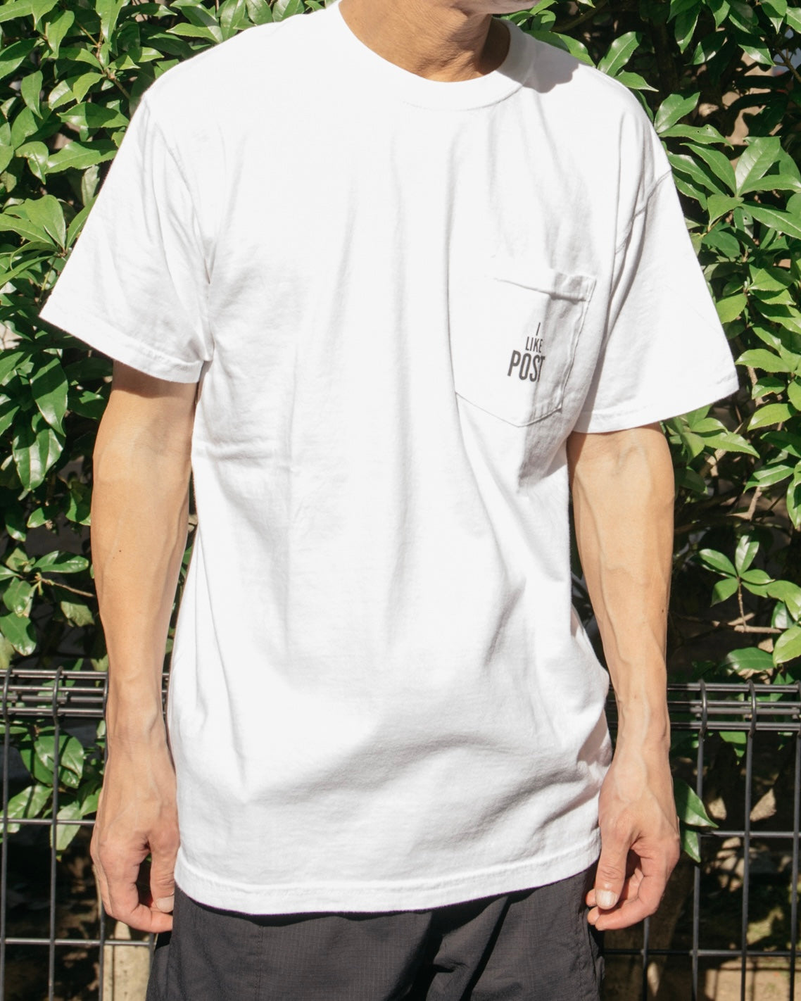 #3004 I like POST pocket Tee : pigment dyed cotton jersey  white/grey print (Shop Special)