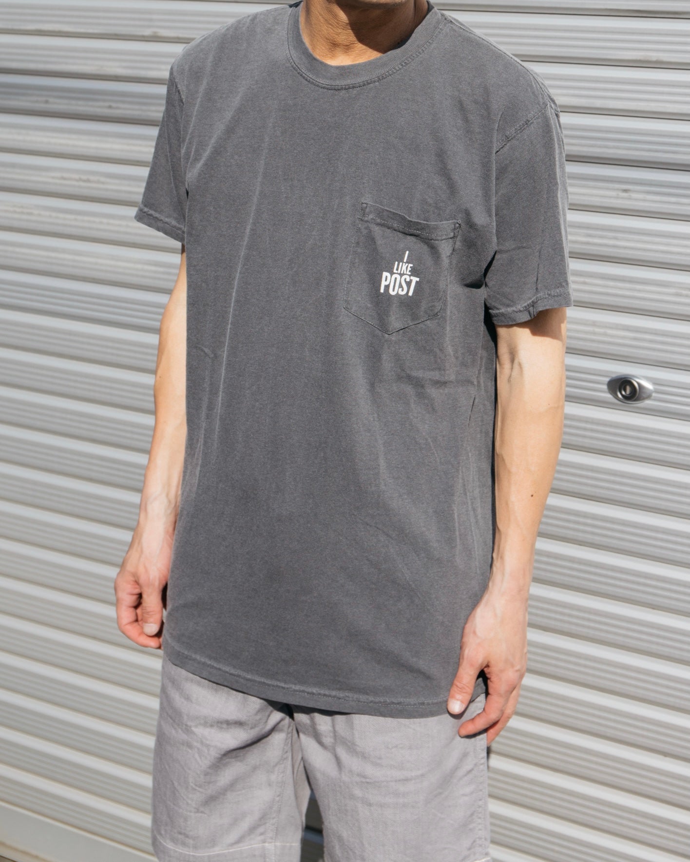 #3004 I like POST pocket Tee : pigment dyed cotton jersey charcoal/white print (Shop Special)