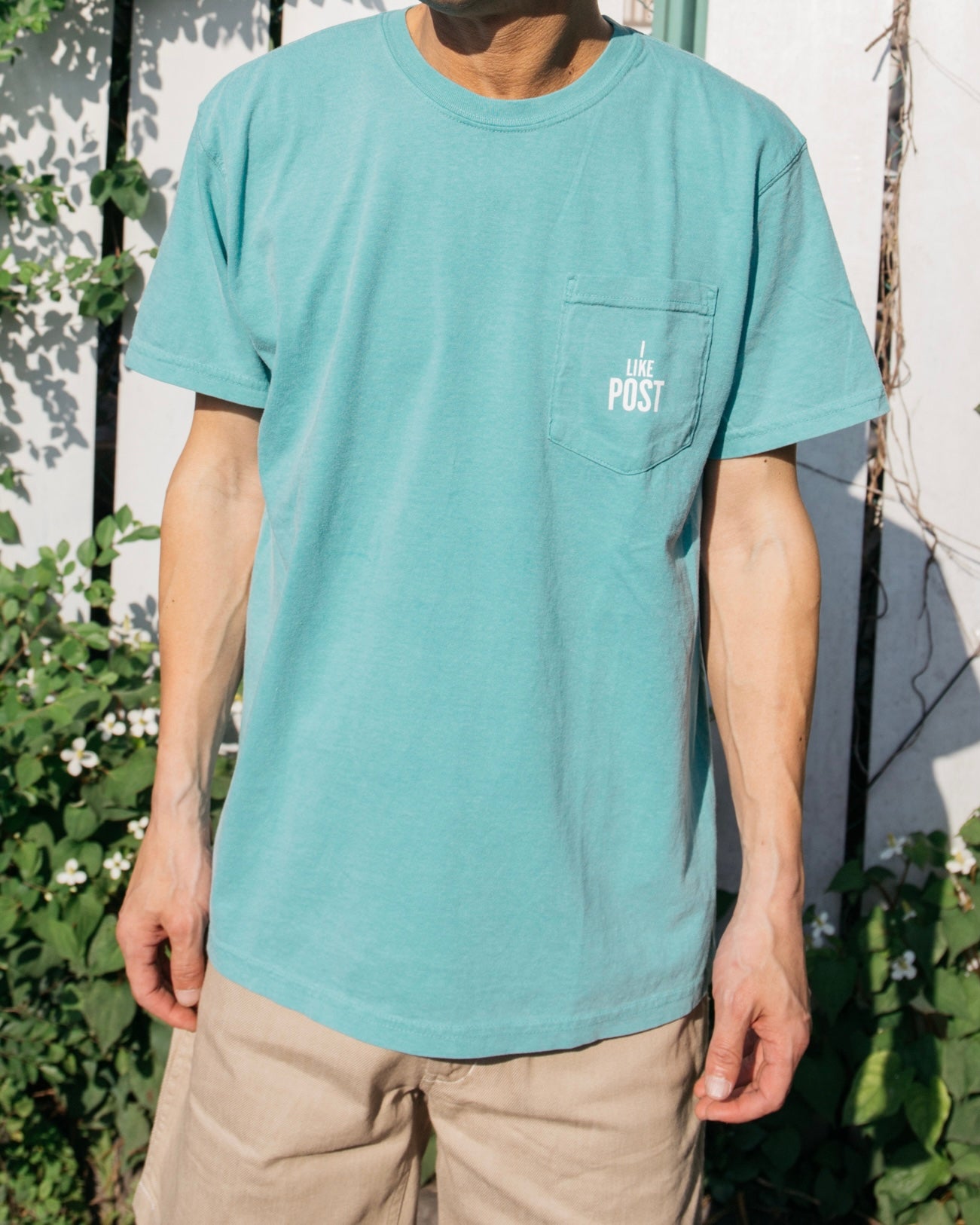 #3004 I like POST pocket Tee : pigment dyed cotton jersey green/white print (Shop Special)