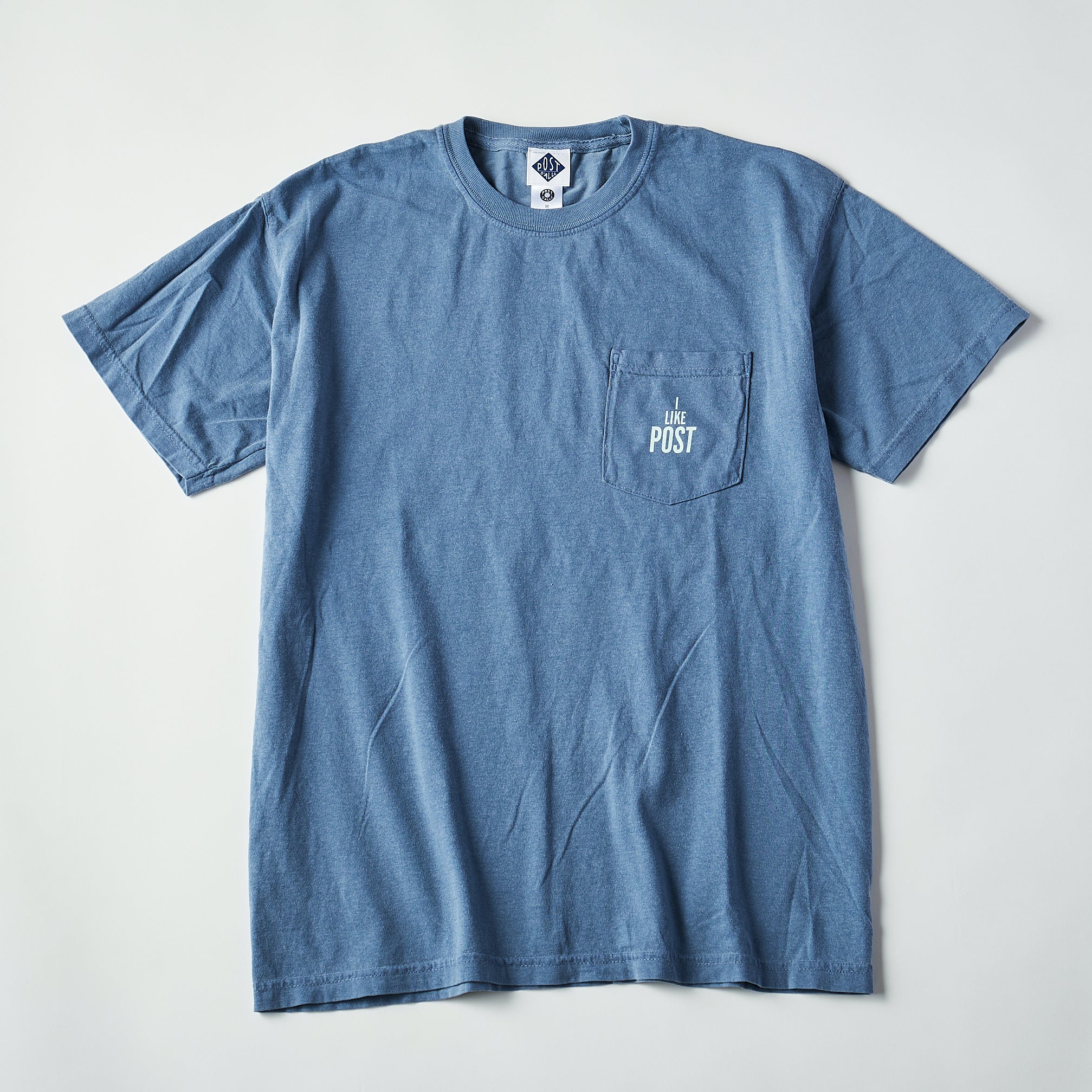 #3004 I like post pocket Tee A3 : pigment dyed cotton jersey blue x green